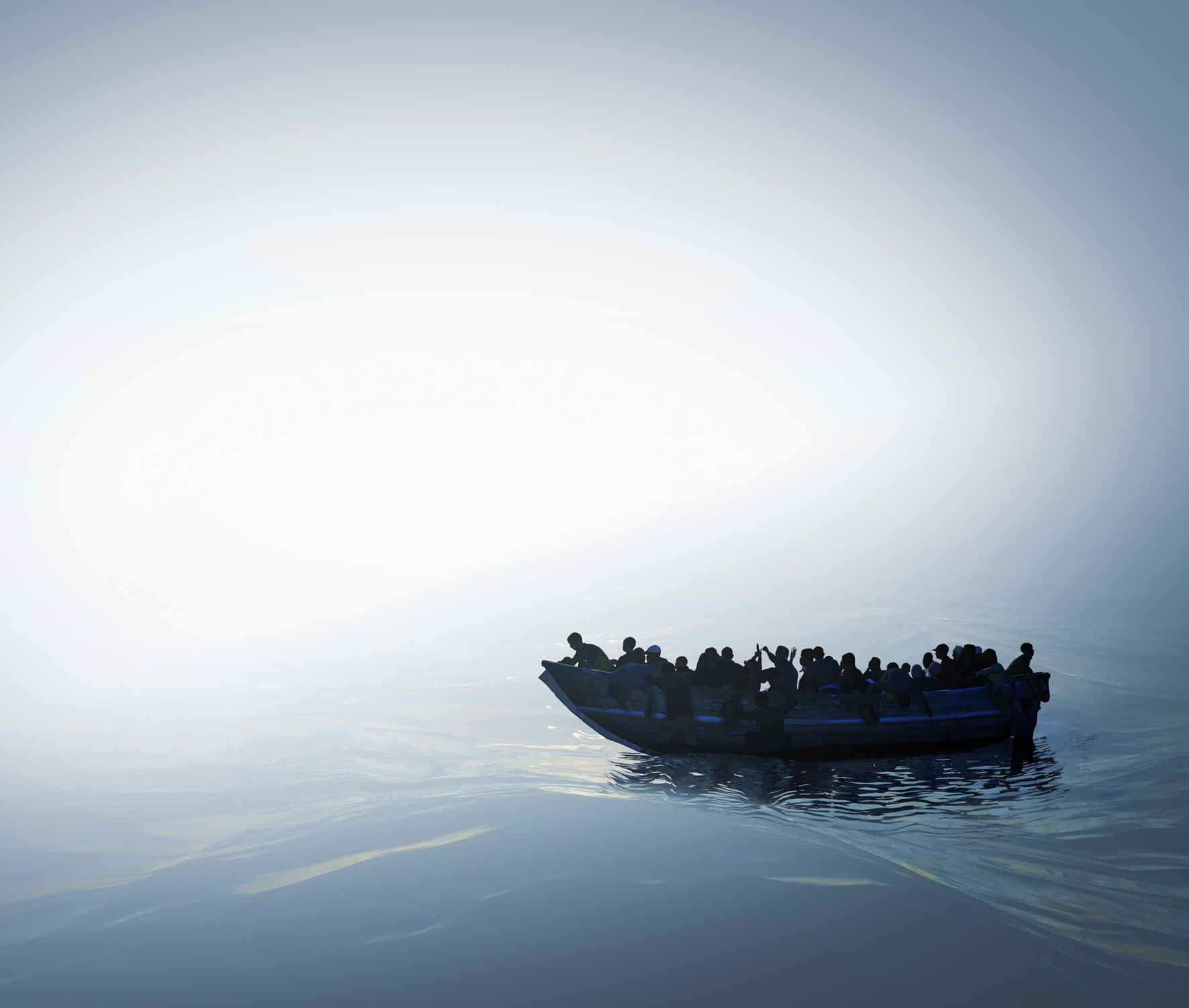 People climb onto a crowded open-air boat in a calm sea.